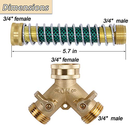 Triumpeek 3/4" Brass 2 Way Hose Splitter, Brass 2 Way Garden Hose Connector With 2 Pcs Garden Hose Coiled Spring Protectors And 6 Rubber Washers #TOP1