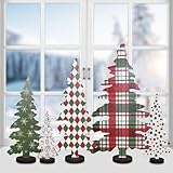 5-Piece Wooden Christmas Trees Tabletop Decor - Red & Green 3D Holiday Decorations for Home, Mantle, and Table - Festive Christmas Decor for Seasonal Display