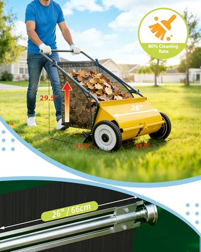 Image of Push Lawn Sweeper, 26 Inch Extra-Wide 4-Brush System, 7 cu.ft. Mesh Bag, Heavy Duty Steel Frame, Height-Adjustable Yard & Garden Cleaner for Leaves and Grass, Yellow
