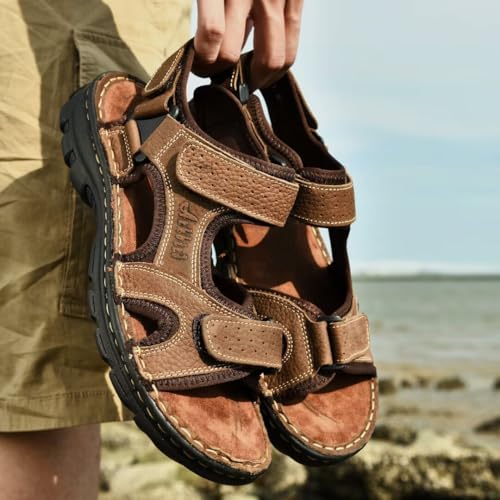 Image of Arkbird Men's Sandals, Premium Leather and Non-slip Rubber Soles Comfortable with Arch Support Outdoor Hiking Sport Summer Shoes Khaki 10