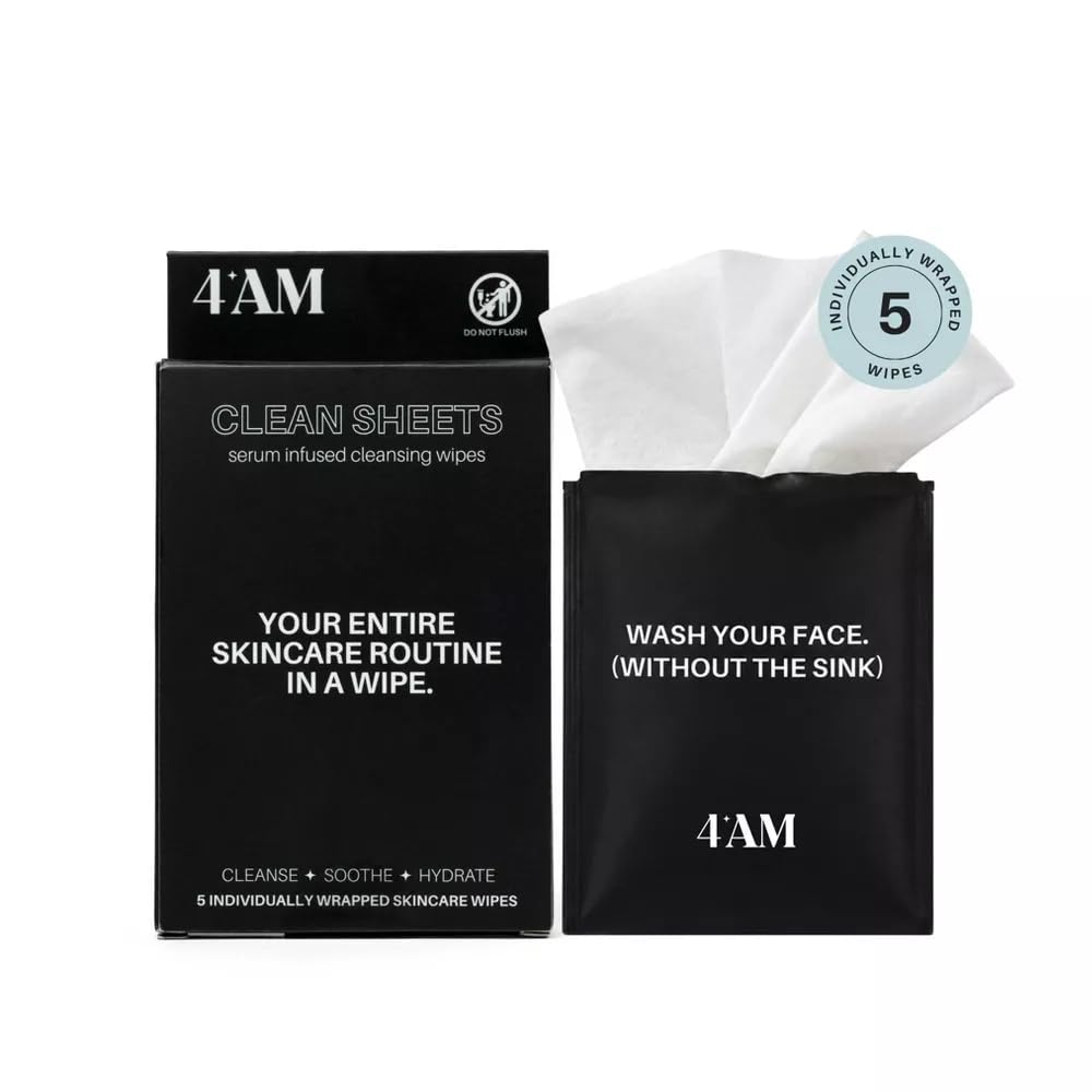 4.AM Clean Sheets Facial Cleansing Wipes, Fragrance-Free Micellar Face Wipes, Individually Wrapped, 5 Count