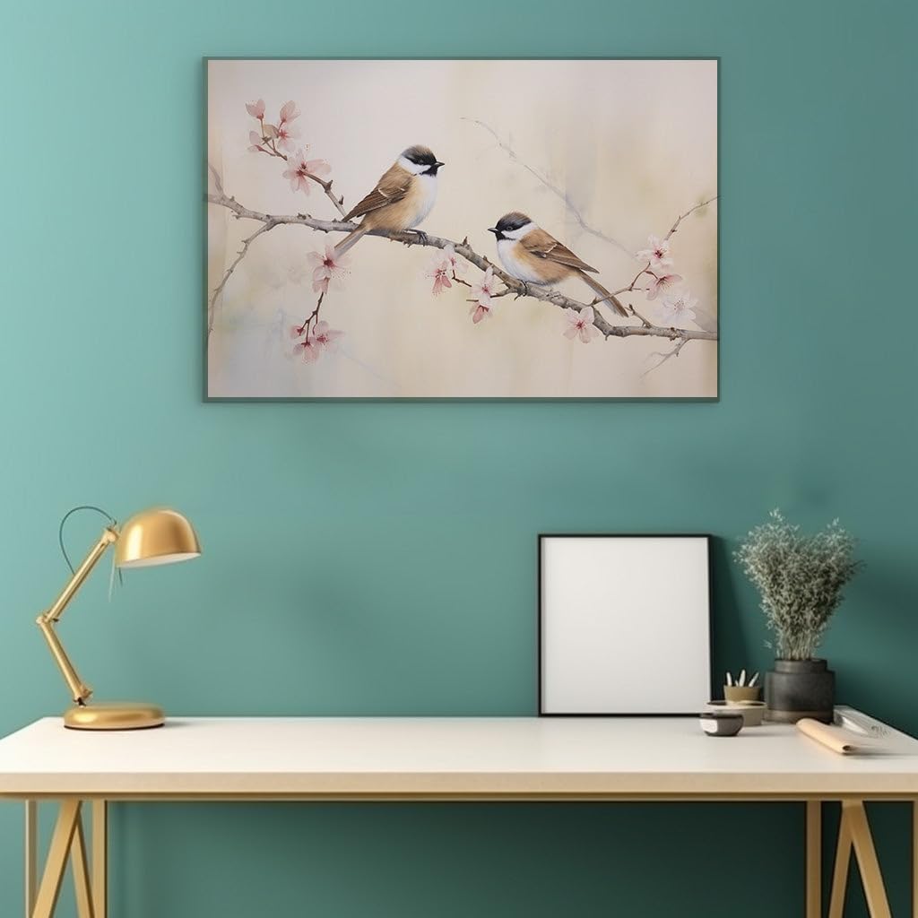 Canvas for Living room. Whispers of Spring Two Little Birds in Blossoming Harmony, 27 x 18 inch Canvas Wall Art - Contemporary Masterpieces - Nature Home Decor - 69x46 cm (27x18 inch)