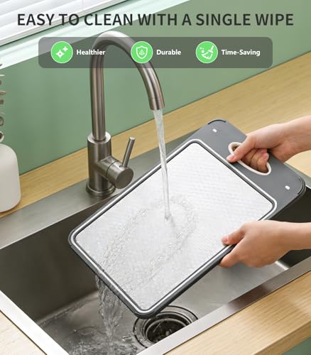 Cozary Doppelseitiges Schneidebrett, Edelstahl-Schneidebrett für die Küche, lebensmittelechter 304-Edelstahl und Weizenstroh, Cutting Board für Fleisch, Brot, Gemüse & Obst(35x24cm)