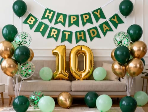 Luftballon 10. Geburtstag Deko Grün 10. Banner Gold Grün Metallische Konfetti Ballons Nummer 10 Folienluftballon für Jungen Sohn 10. Geburtstagdeko Party