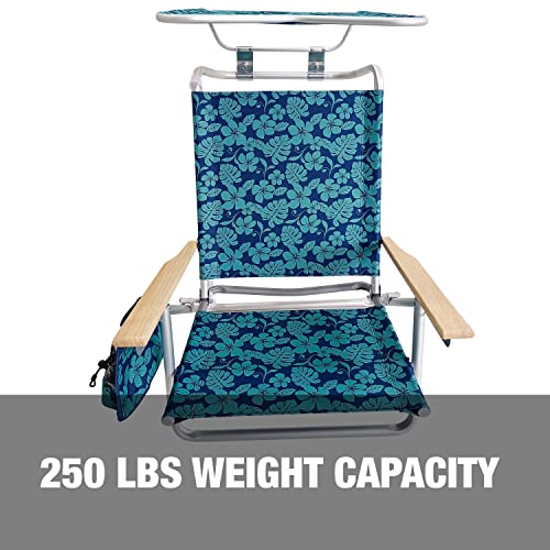 Bliss Hammocks Bbc-351-Bf Folding Beach Chair W/Canopy, 5 Reclining Positions, Storage Pouch, Phone Holder, Cup Holder, And Shoulder Straps Included, 275 Lbs. Capacity, Blue Flower #TOP1