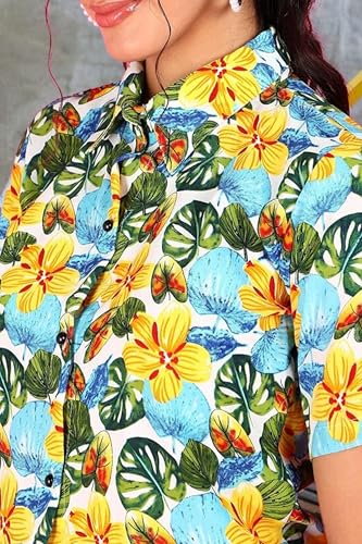 Image of POPWINGS Ethnic Printed Cotton Half Sleeves Regular Fit Crop Shirts for Women Stylish Western Casual Wear