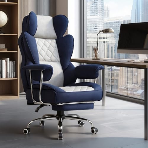 Image of GTPLAYER Gaming Chair,Office Chair with Pocket Spring Lumbar Support, Ergonomic Comfortable Wide Office Desk Computer Chair with Outward Fixed Soft Armrests and Footrest (Fabric, Dark Blue & White)
