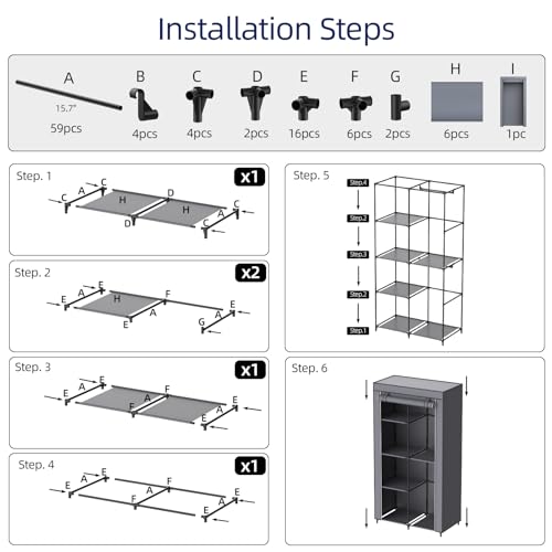 HODYANN Portable Closet, Wardrobe Closet with 6 Storage Shelves and 2 Hanging Rods, Non-Woven Fabric Cover, 34.6 x 17.7 x 66.1 Inches Closet Organizer for Bedroom, Gray by HODYANN - Image 7