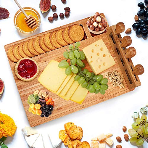 Hossejoy Bamboo Cheese Board Set Charcuterie Platter Serving Meat Board Including 4 Stainless Steel Knife and Serving Utensils for Christmas Wedding Birthday Anniversary