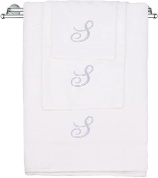 Monogrammed Towel Set, Personalized Gift, Set of 3- Silver Script Letter Embroidered Towel - Extra Absorbent 100% Turkish Cotton - Soft Terry Finish - Initial S White