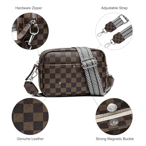 Image of Small Crossbody Bags for Women Genuine Leather, Guitar Strap Shoulder Handbag Purse Camera Bag with Rfid Card Slots, Khaki Checkered