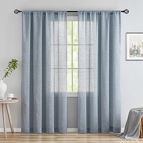 Jubilantex Faux Linen Sheer Curtains Blue And White Cross Curtain Panels Christmas Linen Textured Rod Pocket Window Treatment Drapes For Living Room Bedroom Farmhouse 63 Inches Long, 2 Panels, Blue #TOP12