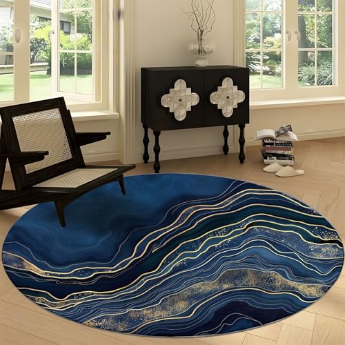 Tapete redondo de 6 ft azul marmolado antideslizante lavable miniatura 4
