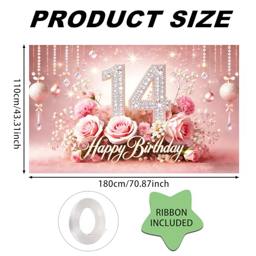 Image of Nuxovilar 14th Birthday Banner - Elegant Pink & Gold Floral Backdrop