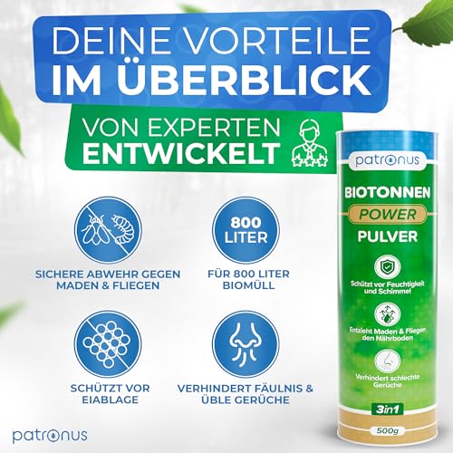 Patronus Biotonnen-Pulver bei Maden, Ungeziefer und üblem Geruch 500g - effektives Biomüll-Pulver verhindert Schimmel und Feuchtigkeit - biologisch abbaubar für kompostierbare Abfälle