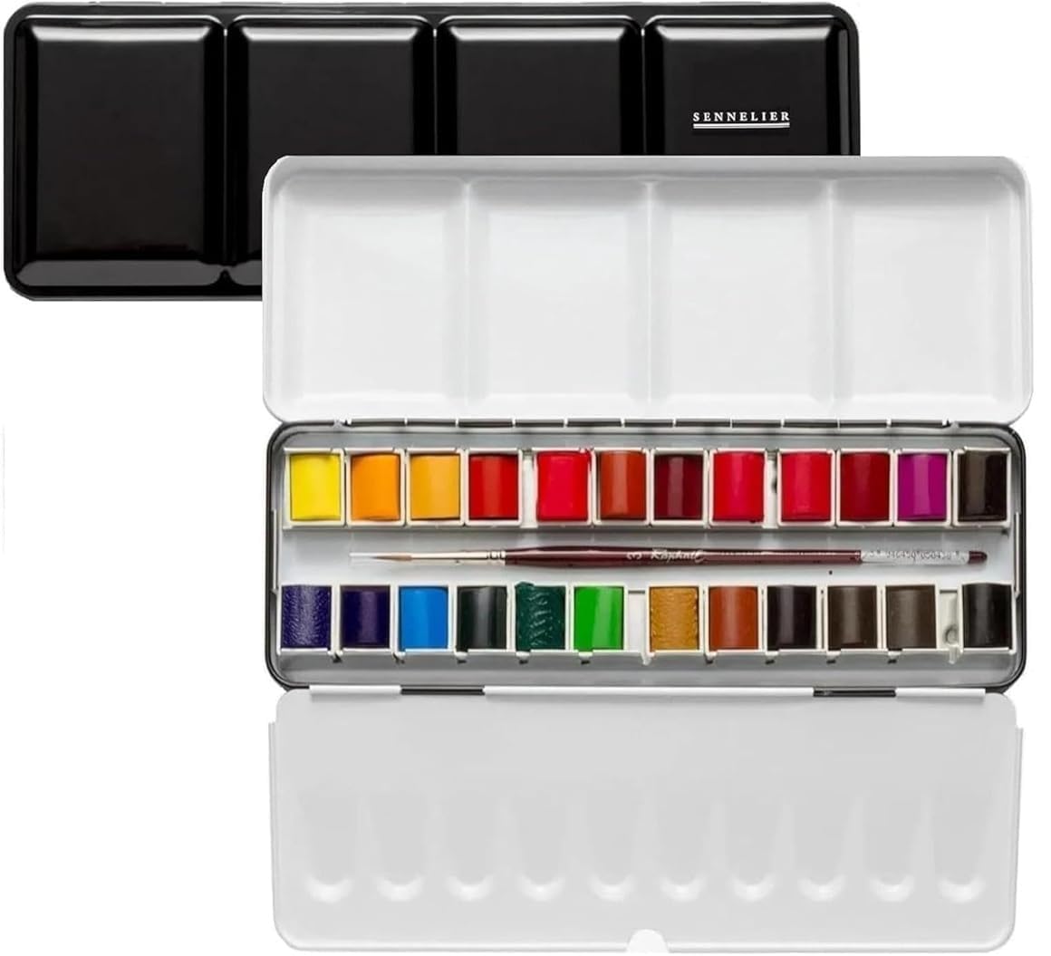 Sennelier Scatola di pittura acquerello extra fine, 24 mezze benne con 2 pennello e sfumatura e 1 carta scatola di metallo