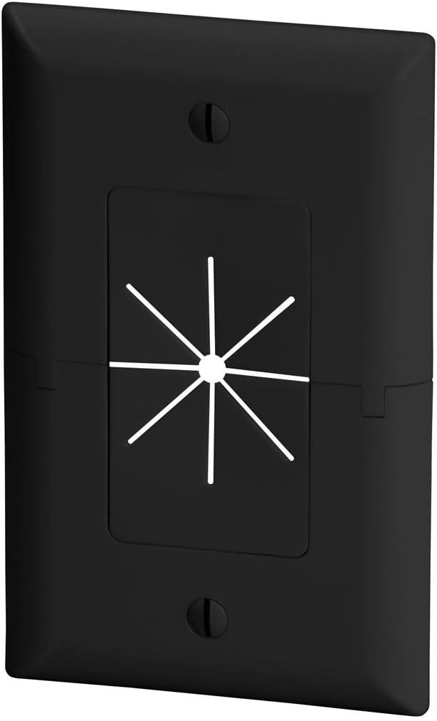 DATA COMM Electronics 45-0017-LA Split Style Plate with Flexible AV/HDMI Cable Pass-Through, Low-Profile Design, Conceals Up to 6 Cables, Seamless Finish, Recessed Media In-Wall Outlet Box - Black