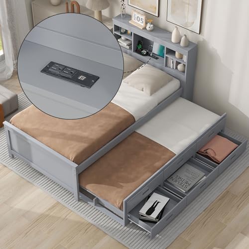 Twin Size Platform Bed with Storage Headboard, Twin Size Platform Bed with TwinSize Trundle and 3 Drawers&USB,Solid Wood Bed Frame with Storage Kids,No Box Spring Needed. (Gray)