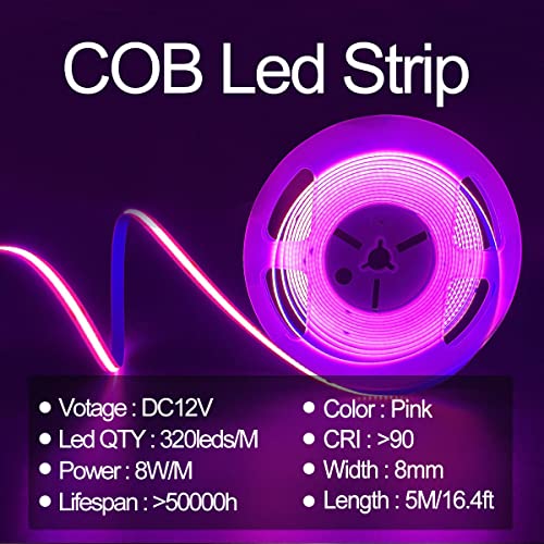 Hamrvl Cob Led Strip Lights Pink,Dc12V 16.4Ft/5M 320Leds/M Cri90 Bright Flexible Led Tape 8Mm, For Indoor Home Cabinet，Bedroom,Kitchen,Stage,Backlight Diy Lighting(Without Power Supply) (Pink) #TOP1
