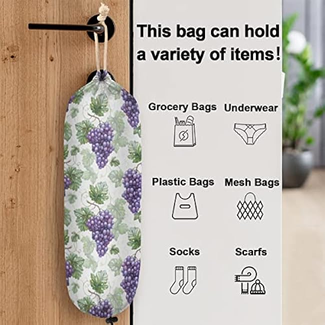 Grape Plastic Bag Holder Grocery Bag Holder with Adjustment Drawstring Reusable Wall Mount Trash Bag Organizer Dispenser for Kitchen Home Travel,22 x 9 in