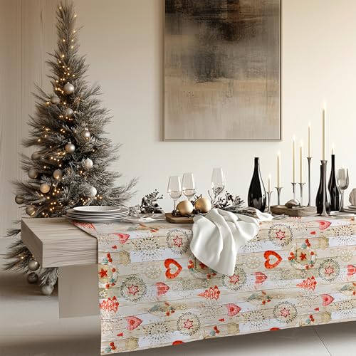 KP HOME Festive Merry Christmas Christmas - Mantel de vinilo PVC color crema - Mantel rojo con copos de nieve - 140 x 140 cm | 139,7 x 139,7 cm para 4 lugares - Coágulo de aceite reutilizable de peso