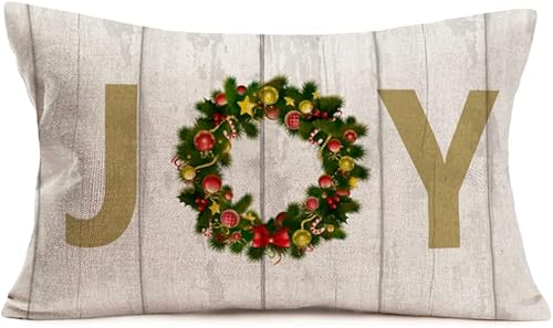 Yameeta Funda de almohada de Navidad Joy con corona, cascabeles de cascabel, muérdago verde y rojo, acebo, alegre invierno, vacaciones, rústico,