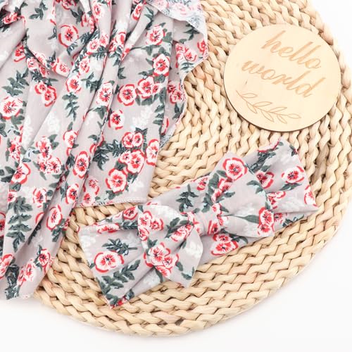 Image of DRESHOW BQUBO Baby Girl Newborn Floral Receiving Blankets with Bow Hat Headband Wooden Birth Announcement Card Set Newborn Baby Swaddling Hats Swaddle Blanket Toddler Warm Shower Gift