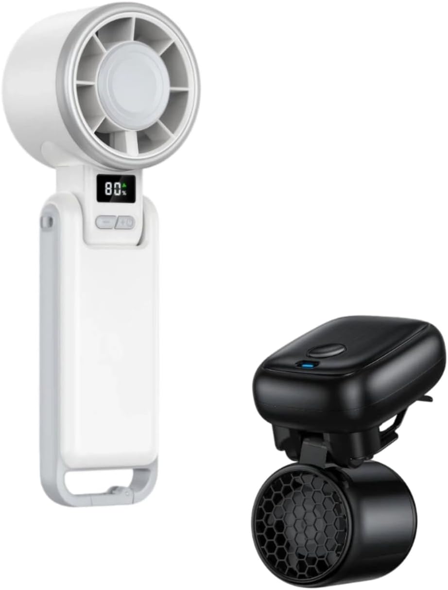 Portable Handheld Turbo Fan 612S White & Mini Clip-On Fan for Hat 616 Black