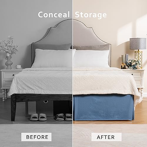 Image of MIYE Pleated Waffle Weave Bed Skirt, Tailored Dust Ruffle 22 Inch Drop Easy Fit, Machine Washable (Blue, TwinXL - 22 inch Drop)