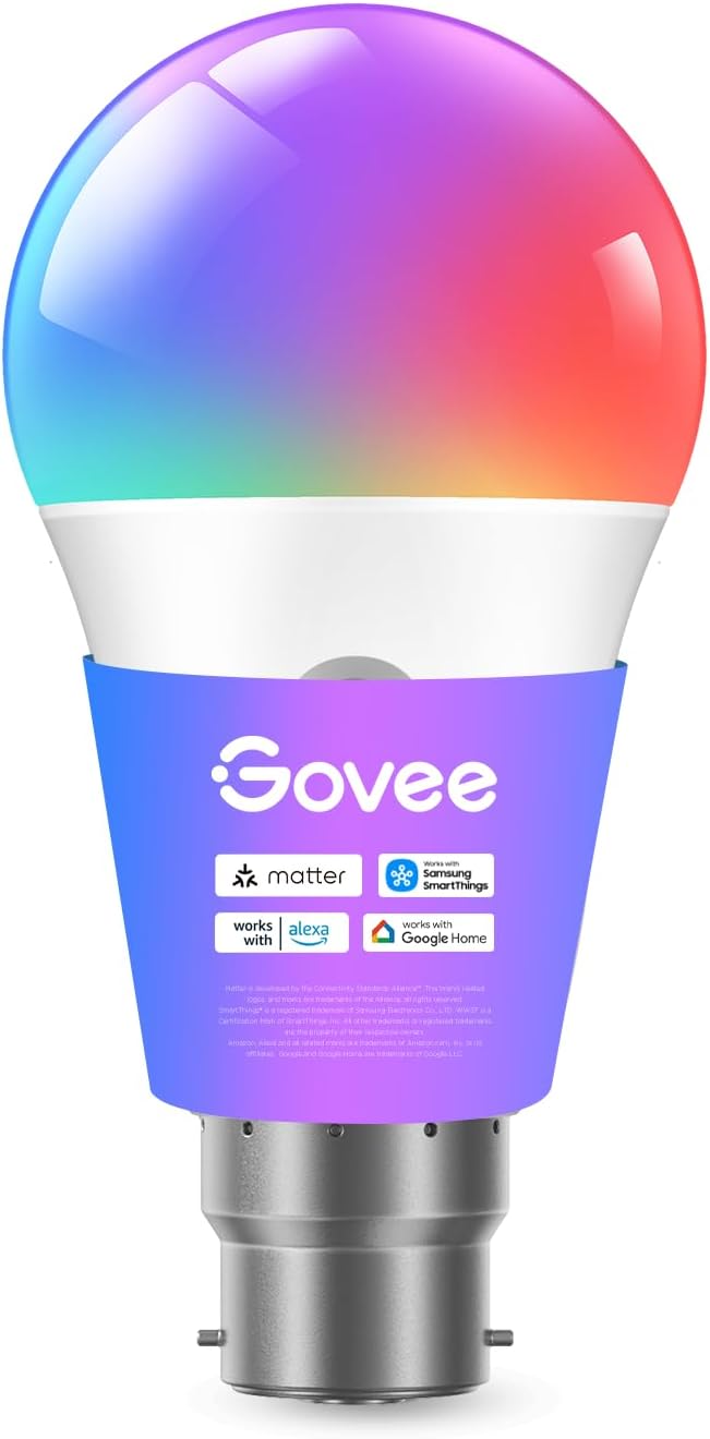 Govee RGBWW Smart Bulb B22, Compatible with Matter, SmartThings, Alexa and Google Assistant, WiFi LED Light Bulb B22, 9W, 800LM, Music Sync, 16 Million Colors, 54 Scenes, 1 Pack