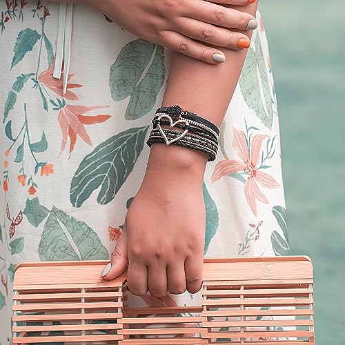 FANCY SHINY Heart Leather Wrap Bracelets Stackable Boho Cuff Bangles Trendy Resin Stone Rhinestone Bracelets with Magnetic Clasp for Women Mother Gift Jewelry3