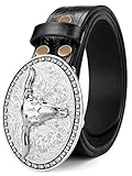 Oyifan Western Cowboy Cowgirl - Cinturón de cuero para hombre, diseño de toro largo con grabado floral, color marrón, hebilla grande, plata, 'S' Fit Waist 25-29inch