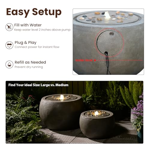 Garden Water Fountain Outdoor Bubbler Water Feature Indoor with Lights & Pump and Pebbles Waterfall Fountains Concrete Effect for Patio Deck Yard Home Decor Gray, 18 "L x 18" W x 11.5" H