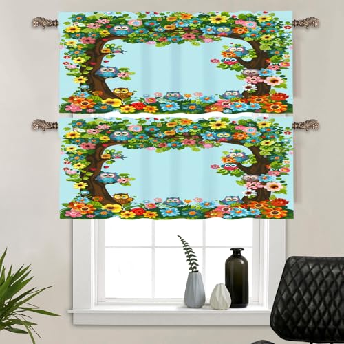 TOWINSFB 2 Pack Cartoon Owl Flower Tree Window Valances, Rod Pocket Cute Boho Floral Bird Window Treatment Short Curtains for Kitchen/Bathroom/Living Room, 54