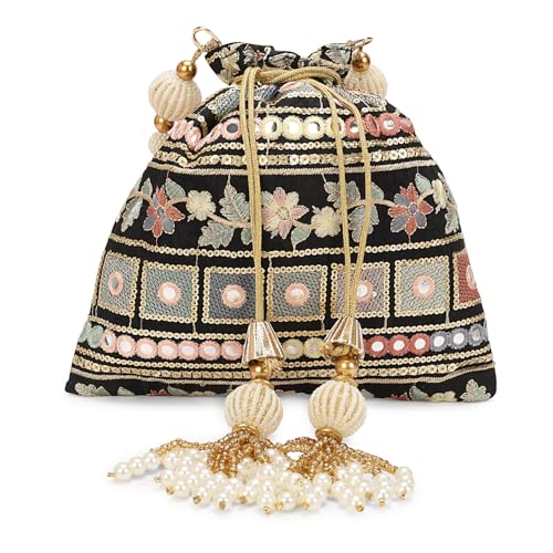 Image of LONGING TO BUY Indian Embroidered Pearl Potli Bag For Women, Sequence Design with Tassel, Wedding Potli Bags