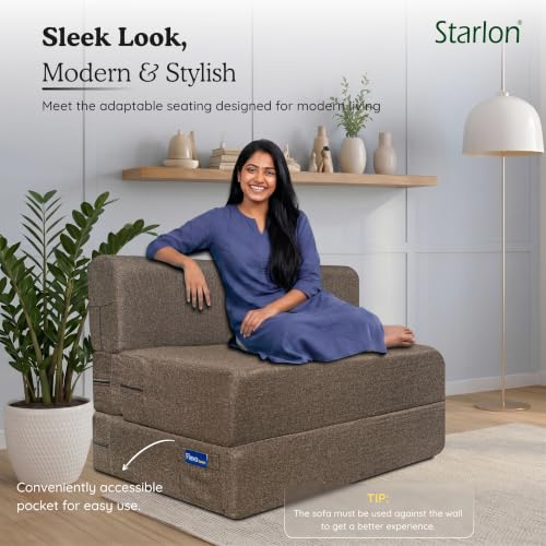 Image of Starlon 1 Seater Sofa Cum Bed Foldable 3-in-1 Sofa Bed with 1 Year Warranty, Washable Jute Fabric Cover | Coffee Brown 2.5x6 Ft