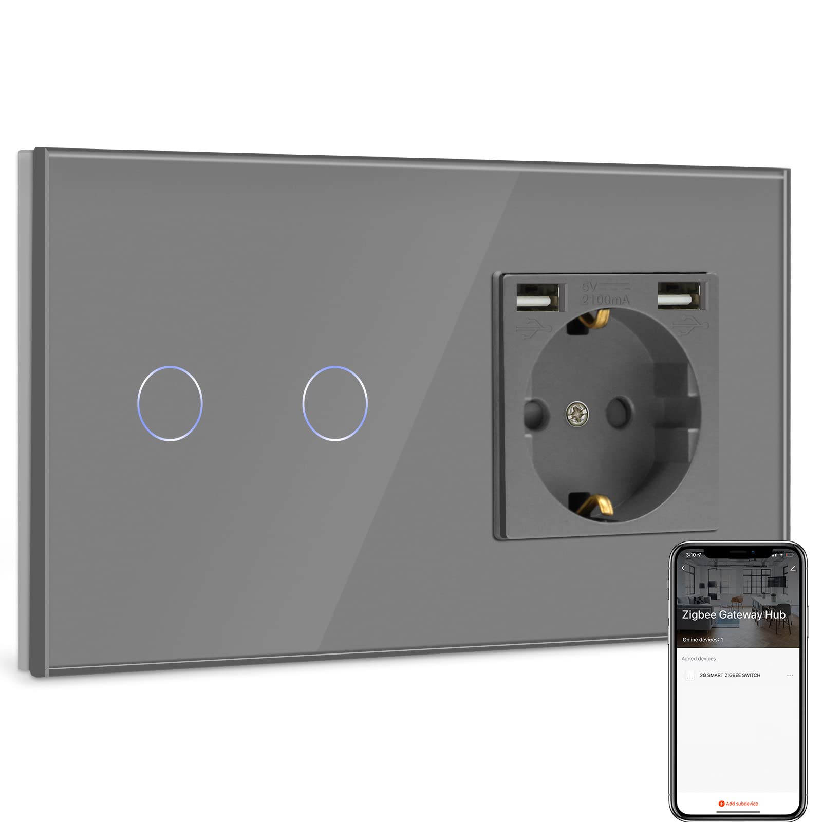 BSEED BSEED Normal Steckdose mit Smart ZigBee Lichtschalter,arbeitet mit Alexa,Google Home, 2 Fach 1 Weg Smart Lichtschalter mit USB Steckdose (Max. 2.1A) Grau (Tuya Hub erförderlich)