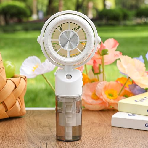 Image of TechPride Mini Portable Handheld Mist Fan, USB Rechargeable, 1200mAh Battery, 3 Speed Modes, Transparent Water Tank (White)