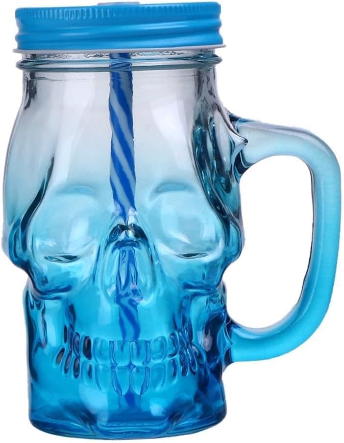 2pcs Halloween Skull Glass Cups with Handle 500ml Drinking Glasses for Party Beverage and Beer Halloween Skull Drinkware Set with Lid and Straw Novelty Glassware Random Color