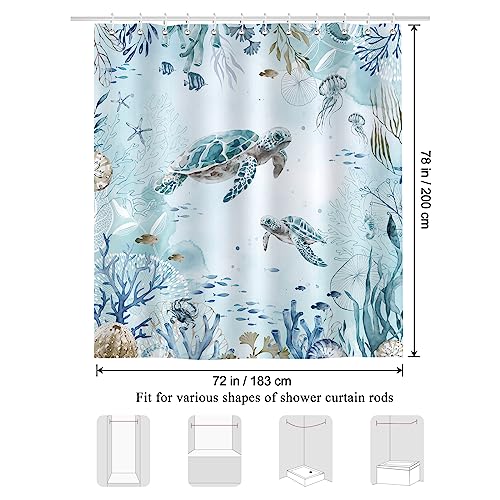 Bonhause Sea Turtle Shower Curtain for Bathroom Teal Blue Ocean Beach Coastal Decorative Bath Curtain 72 x 78 Inch Polyester Fabric Waterproof Bathroom Curtain with 12 Hooks - Image 6