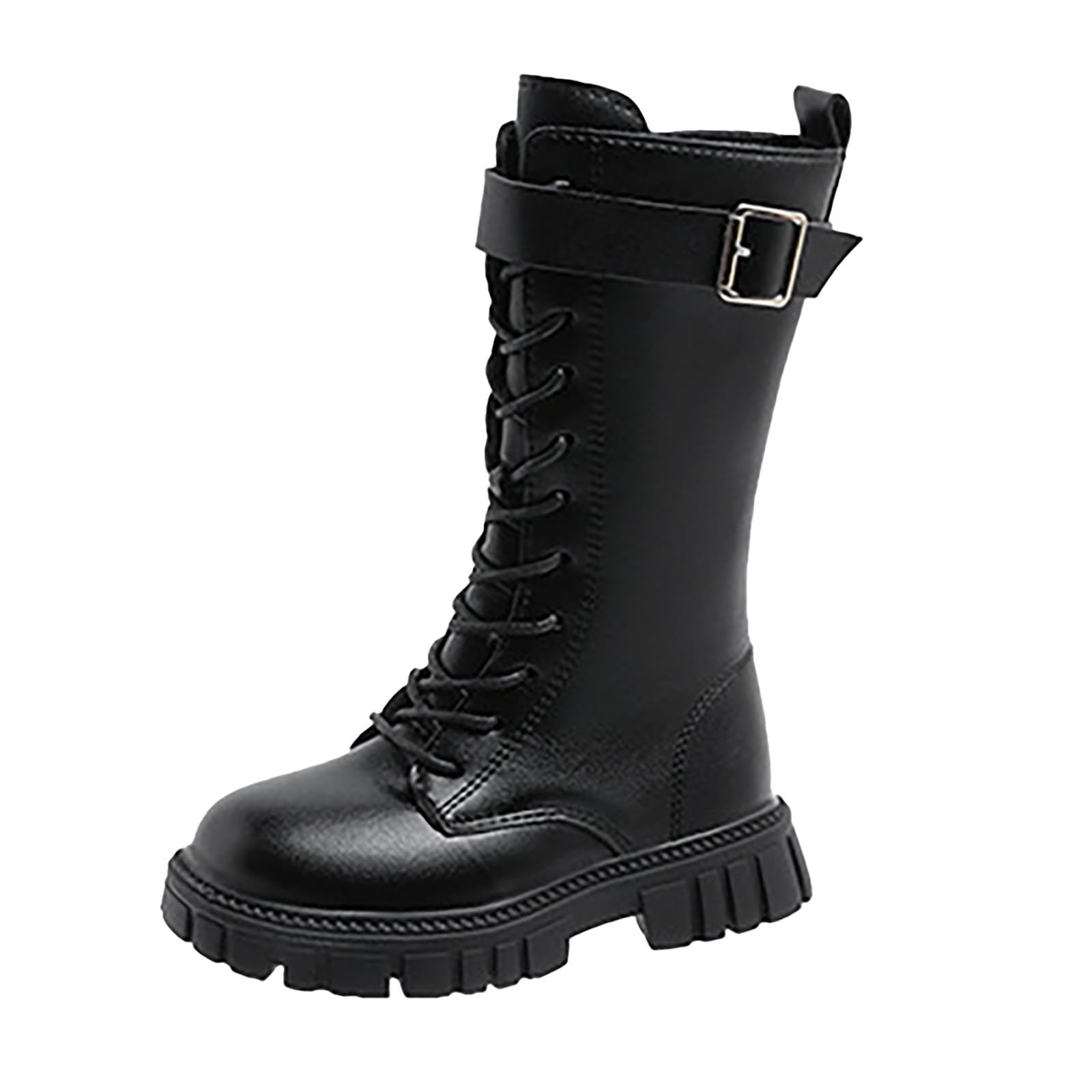 Girls Lace Up Riding Boots Mid Calf Combat Boots Fashion Waterproof PU Leather Side Zipper Punk Goth Boot 4-12.5 Years