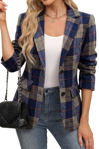 ELLEVEN Womens Business Casual Plaid Blazer Navy Blue Plaid Large