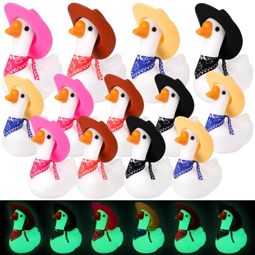 Motionchic 12 Sets Glow in The Dark Cowboy Rubber Goose Bath Toy Squeaky Mini Cowgirl Geese Figurines with Cowboy Hat & Scarf for Kids Birthday Party Favors School Classroom Prizes Gift (Multicolor)