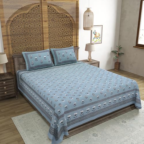 Image of BLOCKS OF INDIA Hand Block Printed 200 TC Cotton Super King Size Bedsheet(106 x 106) | Pack of 1, Batik Grey Flower