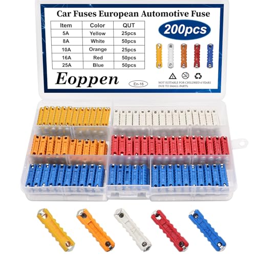 Eoppen 200Pcs Torpedo Fuses European Automotive Fuse Assortment Kit 5A 8A 10A 16A 25A for Old Style Classic Cars
