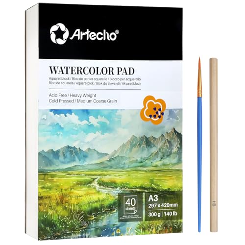 Artecho Aquarellpapier A3 300g 40 Blatt mit Aquarellpinsel und...