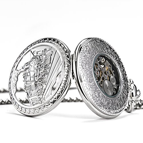 TREEWETO Antiek Mens Pocket Watch Skelet Mechanisch Hollow Brons Case 3D Steam Train Railroad Romeinse Numerals, Zilver055, Mechanisch - Afbeelding 5