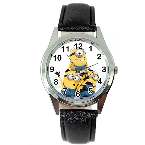 Taport® Minions montre à quartz Noir Bande de cuir + Gratuit batterie de rechange + Sac Cadeau Gratuit