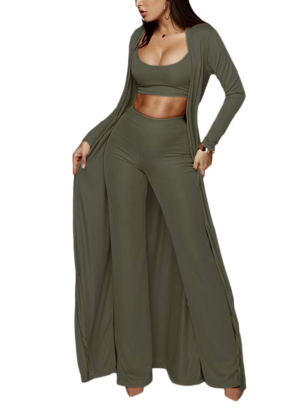 Women's 3 Piece Outfits Tracksuit Fall Winter Crop Top Cardigan and Wide Leg Long Pants Jumpsuit Two Three Piece Sets