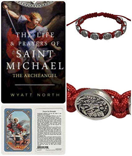 20th Street Products Saint Michael- Red- Slipknot Adjustable Bracelet Plus The Life and Prayers of Saint Michael The Archangel Book and Saint Michael Laminated Prayer Card